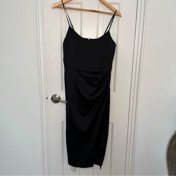 Abercrombie & Fitch Dresses & Skirts - NWT ABERCROMBIE Black Satin Ruched Slip Dress with Slit Faux Wrap Medium M